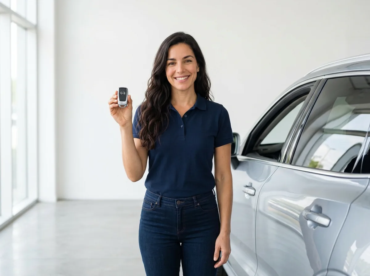 Sophia em conteúdo sobre crédito com garantia de veículo, ao lado de um carro em um ambiente claro