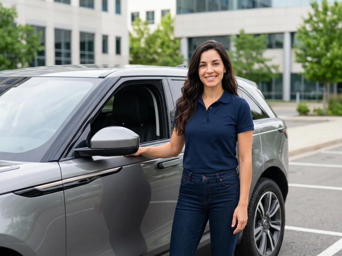 Sophia ao lado do próprio carro, mostrando que o veículo continua em uso durante o refinanciamento